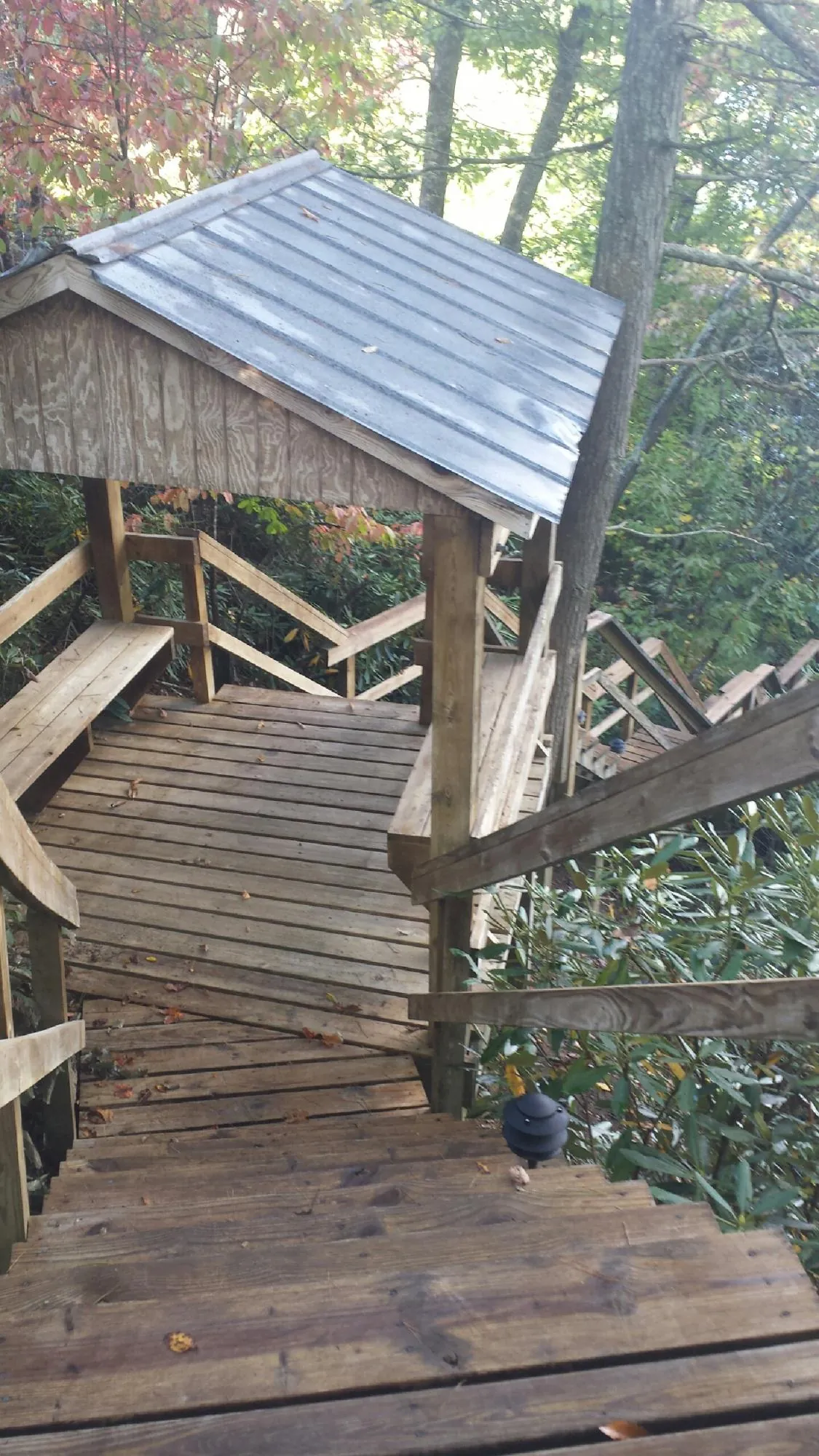 Metal roofed shelter over wooden steps on a wooded walkway — Skylight Repair & Installation work by our crew in Mountain Home
